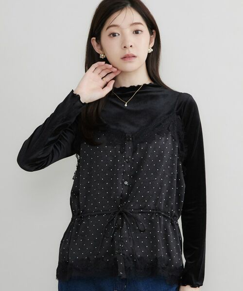 Couture Brooch / クチュールブローチ キャミソール・チューブトップ | ドットサテンレースキャミ（ブラック(119)）