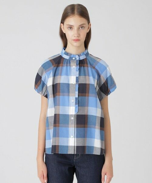 BLUE LABEL / BLACK LABEL CRESTBRIDGE / ブルーレーベル / ブラックレーベル・クレストブリッジ  シャツ・ブラウス | クレストブリッジチェックコットンリネンフリルブラウス（ブルー3）