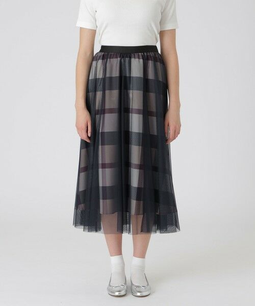 美品★ブルーレーベルクレストブリッジ チェック 膝丈スカート リボン クレストブリッジチェックウールポリエステルフレアスカート