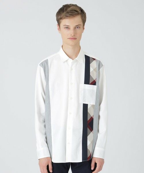 BLUE LABEL / BLACK LABEL CRESTBRIDGE/ブルーレーベル / ブラックレーベル・クレストブリッジ 【一部店舗限定】デニムライクパッチワークシャツ オフホワイト1 LL BLUE LABEL / BLACK LABEL CRESTBRIDGE/ブルーレーベル / ブラックレーベル・クレストブリッジ 【一部店舗限定】デニムライクパッチワークシャツ オフホワイト1 LL