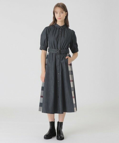 BLUE LABEL / BLACK LABEL CRESTBRIDGE / ブルーレーベル / ブラックレーベル・クレストブリッジ ドレス | デニムライクパーシャルチェックドレス(ネイビー3)