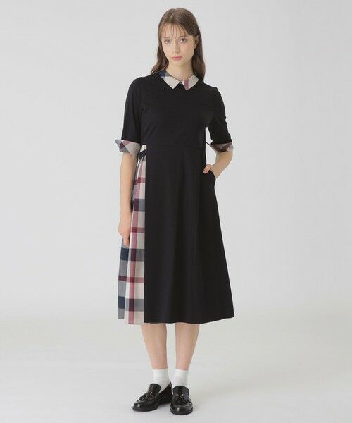 BLUE LABEL / BLACK LABEL CRESTBRIDGE / ブルーレーベル / ブラックレーベル・クレストブリッジ ドレス | ピマコットンプレーティング天竺パーシャルチェックドレス(ブラック)