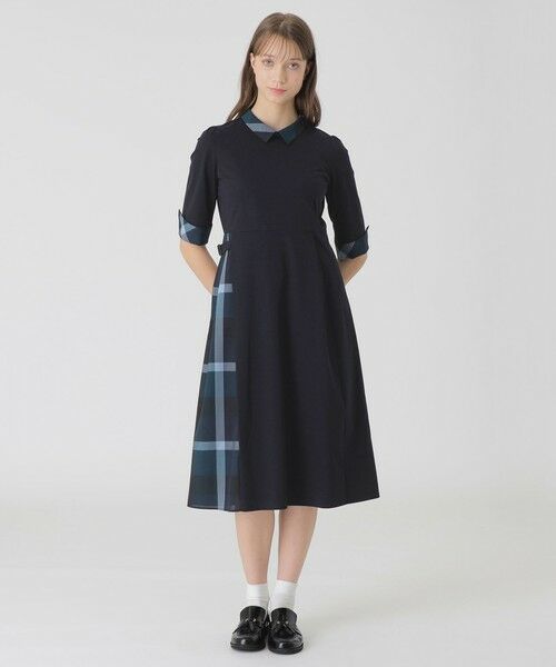 BLUE LABEL / BLACK LABEL CRESTBRIDGE / ブルーレーベル / ブラックレーベル・クレストブリッジ ドレス | ピマコットンプレーティング天竺パーシャルチェックドレス(ネイビー3)
