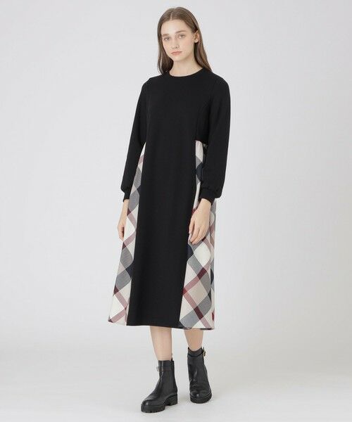 BLUE LABEL / BLACK LABEL CRESTBRIDGE / ブルーレーベル / ブラックレーベル・クレストブリッジ ドレス | ウールミックスポンチパーシャルチェックドレス(ブラック)
