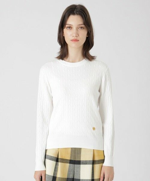 ブルーレーベルクレストブリッジ BLUE LABEL CRESTBRIDGE シャツ ブラウス ロゴ 刺繍 タック 丸襟 長袖 ドット 白 36 トップス ブルーレーベルクレストブリッジ チェックエアリーツイルチュニック