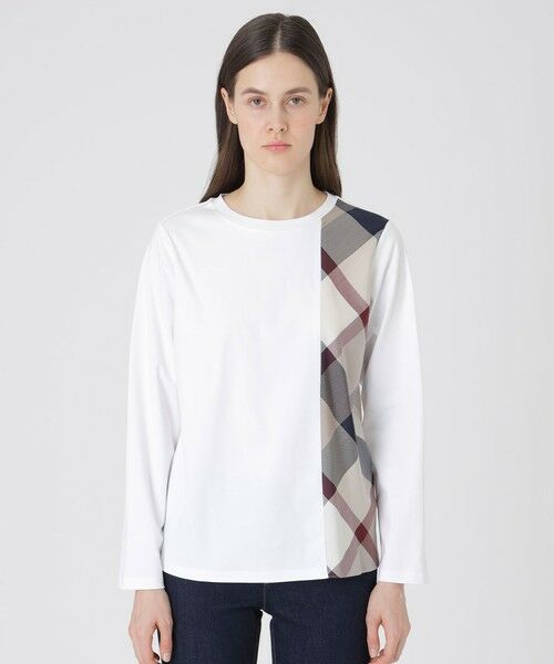 BLUE LABEL / BLACK LABEL CRESTBRIDGE / ブルーレーベル / ブラックレーベル・クレストブリッジ  カットソー | シルケットスムースパーシャルチェックロングスリーブＴシャツ（オフホワイト1）