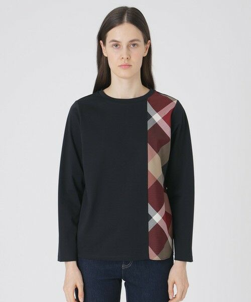 BLUE LABEL / BLACK LABEL CRESTBRIDGE / ブルーレーベル / ブラックレーベル・クレストブリッジ  カットソー | シルケットスムースパーシャルチェックロングスリーブＴシャツ（ブラック）