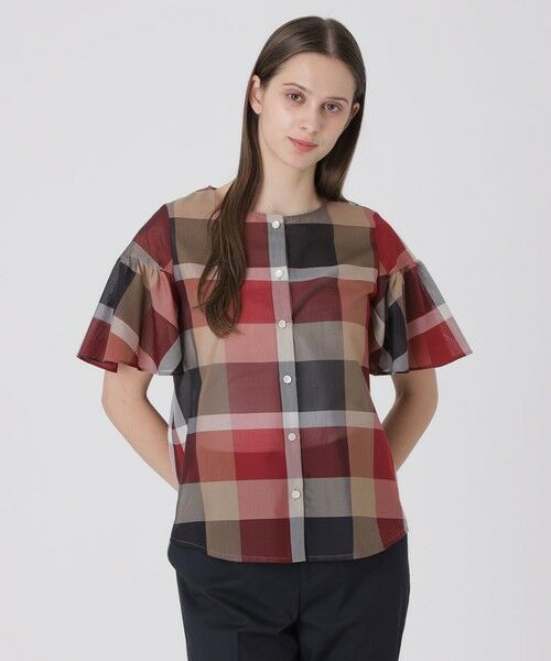 BLUE LABEL / BLACK LABEL CRESTBRIDGE / ブルーレーベル / ブラックレーベル・クレストブリッジ  シャツ・ブラウス | クレストブリッジチェックシアーボイルフリルスリーブブラウス（レッド1）