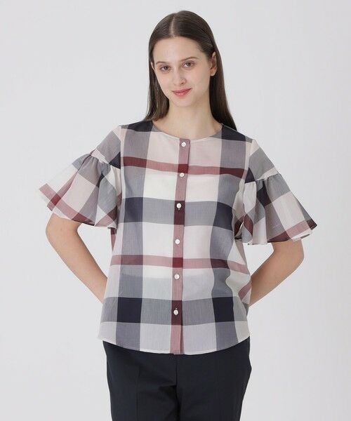 BLUE LABEL / BLACK LABEL CRESTBRIDGE / ブルーレーベル / ブラックレーベル・クレストブリッジ  シャツ・ブラウス | クレストブリッジチェックシアーボイルフリルスリーブブラウス（パープル6）