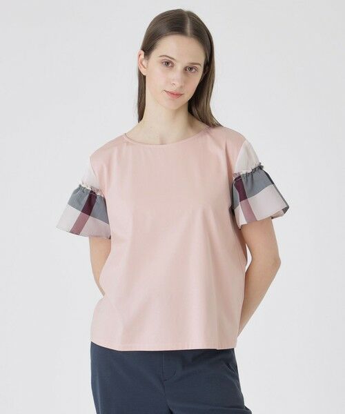 BLUE LABEL / BLACK LABEL CRESTBRIDGE / ブルーレーベル / ブラックレーベル・クレストブリッジ  カットソー | 【接触冷感】プレーティング天竺チェックスリーブTシャツ（ピンク1）