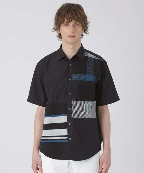 BLUE LABEL / BLACK LABEL CRESTBRIDGE / ブルーレーベル / ブラックレーベル・クレストブリッジ  シャツ・ブラウス | パネルチェックハイブリッドハーフスリーブシャツ（ブラック）