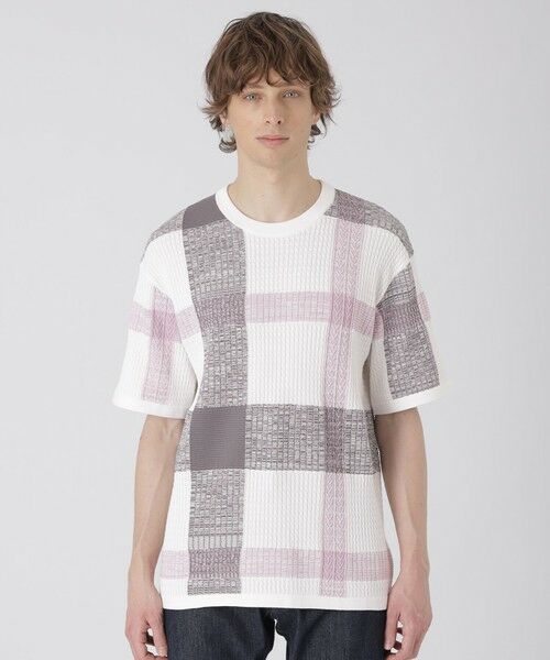 BLUE LABEL / BLACK LABEL CRESTBRIDGE / ブルーレーベル / ブラックレーベル・クレストブリッジ  ニット・セーター | テクスチャーミックスクレストブリッジチェックニットTシャツ（オフホワイト1）