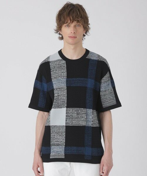 BLUE LABEL / BLACK LABEL CRESTBRIDGE / ブルーレーベル / ブラックレーベル・クレストブリッジ  ニット・セーター | テクスチャーミックスクレストブリッジチェックニットTシャツ（ブラック）