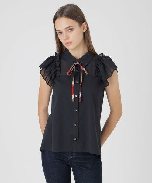BLUE LABEL / BLACK LABEL CRESTBRIDGE / ブルーレーベル / ブラックレーベル・クレストブリッジ シャツ・ブラウス | フリルスリーブシアーブラウス(ブラック)