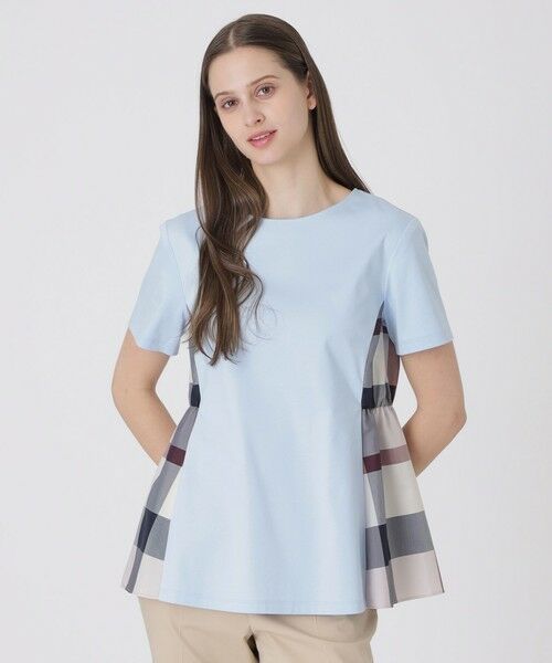 BLUE LABEL / BLACK LABEL CRESTBRIDGE / ブルーレーベル / ブラックレーベル・クレストブリッジ  カットソー | 【接触冷感】シルケットスムースサイドチェックTシャツ（サックス3）