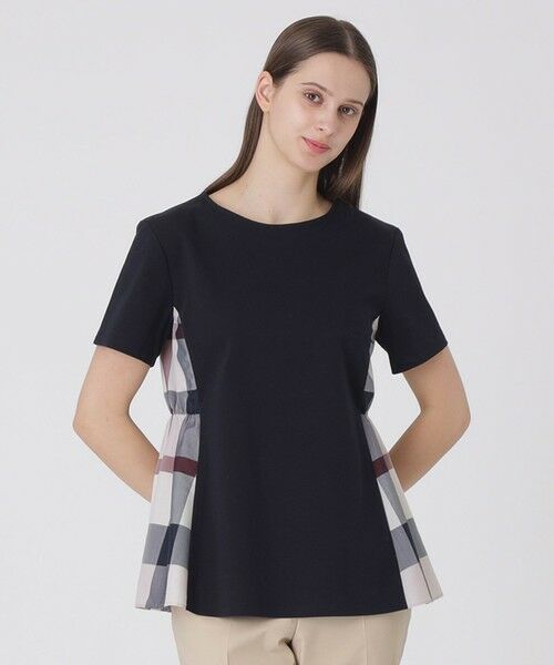 BLUE LABEL / BLACK LABEL CRESTBRIDGE / ブルーレーベル / ブラックレーベル・クレストブリッジ  カットソー | 【接触冷感】シルケットスムースサイドチェックTシャツ（ネイビー3）