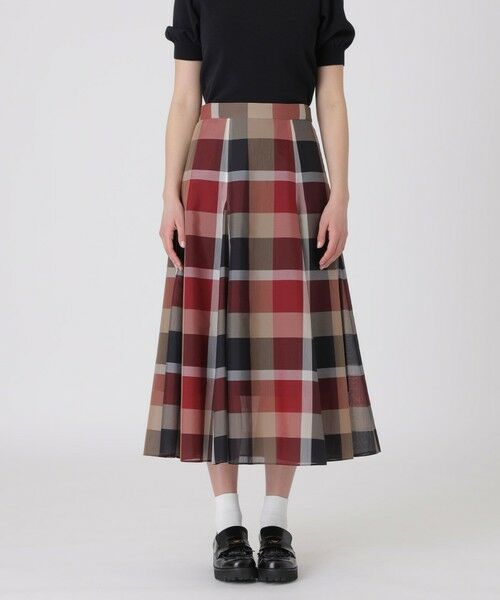 BLUE LABEL / BLACK LABEL CRESTBRIDGE / ブルーレーベル / ブラックレーベル・クレストブリッジ  ミニ・ひざ丈スカート | クレストブリッジチェックシアーボイルフレアスカート（レッド1）