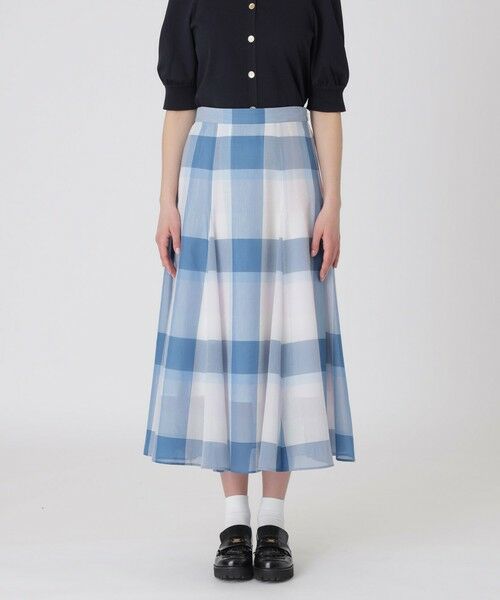 BLUE LABEL / BLACK LABEL CRESTBRIDGE / ブルーレーベル / ブラックレーベル・クレストブリッジ  ミニ・ひざ丈スカート | クレストブリッジチェックシアーボイルフレアスカート（サックス1）