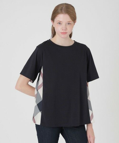 BLUE LABEL / BLACK LABEL CRESTBRIDGE / ブルーレーベル / ブラックレーベル・クレストブリッジ カットソー | プレーティングシルケット天竺サイドチェックTシャツ(ネイビー3)
