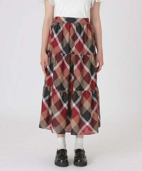 BLUE LABEL / BLACK LABEL CRESTBRIDGE / ブルーレーベル / ブラックレーベル・クレストブリッジ  ミニ・ひざ丈スカート | クレストブリッジチェックカラミクロスティアードスカート（レッド1）