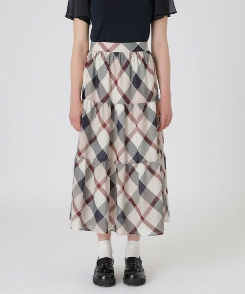 BLUE LABEL / BLACK LABEL CRESTBRIDGE / ブルーレーベル / ブラックレーベル・クレストブリッジ  ミニ・ひざ丈スカート | クレストブリッジチェックカラミクロスティアードスカート（パープル6）