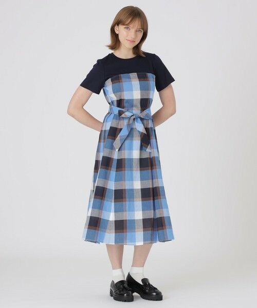 BLUE LABEL / BLACK LABEL CRESTBRIDGE / ブルーレーベル / ブラックレーベル・クレストブリッジ  ドレス | 【一部店舗限定】CBチェックコットンリネンドッキングドレス（ブルー3）