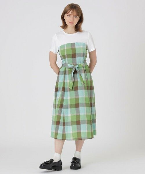 BLUE LABEL / BLACK LABEL CRESTBRIDGE / ブルーレーベル / ブラックレーベル・クレストブリッジ  ドレス | 【一部店舗限定】CBチェックコットンリネンドッキングドレス（グリーン4）