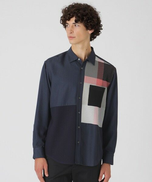 BLUE LABEL / BLACK LABEL CRESTBRIDGE / ブルーレーベル / ブラックレーベル・クレストブリッジ シャツ・ブラウス | デニムライクニットドッキングシャツ(ネイビー1)