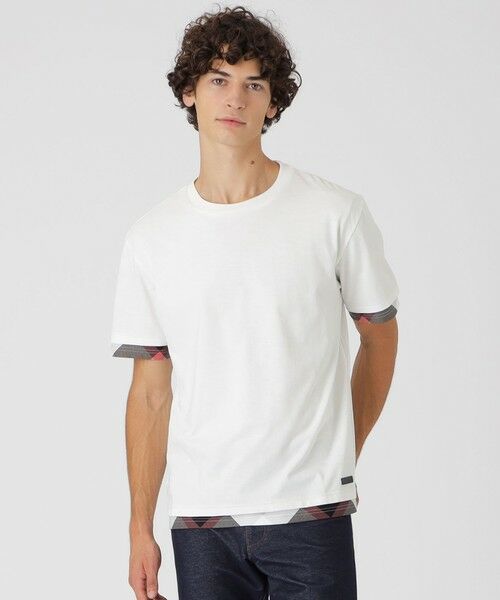 BLUE LABEL / BLACK LABEL CRESTBRIDGE / ブルーレーベル / ブラックレーベル・クレストブリッジ  カットソー | チェックレイヤードマーセライズスラブTシャツ（オフホワイト1）