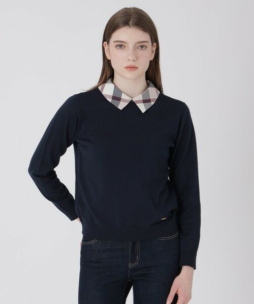 BLUE LABEL / BLACK LABEL CRESTBRIDGE / ブルーレーベル / ブラックレーベル・クレストブリッジ  ニット・セーター | シャツレイヤードドッキングニット（ネイビー3）
