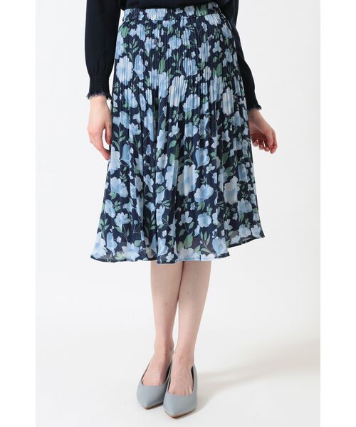 DAKS / ダックス ロング・マキシ丈スカート | フローラルプリント Aライン プリーツスカート（ネイビー）