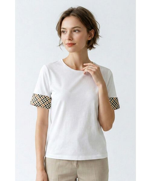 DAKS / ダックス その他トップス | ハウスチェックカフス5分袖Tシャツ(スノーホワイト)