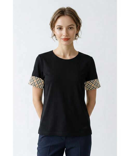 DAKS / ダックス その他トップス | ハウスチェックカフス5分袖Tシャツ(ブラック)