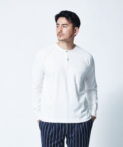 シルク/コットン ポケット付き ヘンリーネック 長袖Tシャツ