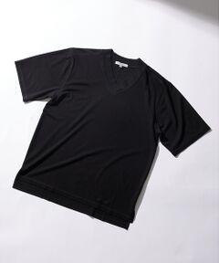 【シルク混】ストレッチ ポンチ Vネック ドレス 半袖Tシャツ