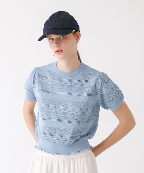 DESIGNWORKS/デザインワークス 透かし編半袖プルオーバー サックスブルー 38 DESIGNWORKS/デザインワークス 透かし編半袖プルオーバー サックスブルー 38