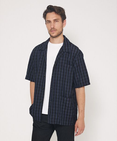 DESIGNWORKS/デザインワークス 【超軽量】シアー オープンカラー チェックシャツ ネイビー 46 DESIGNWORKS/デザインワークス 【超軽量】シアー オープンカラー チェックシャツ ネイビー 46