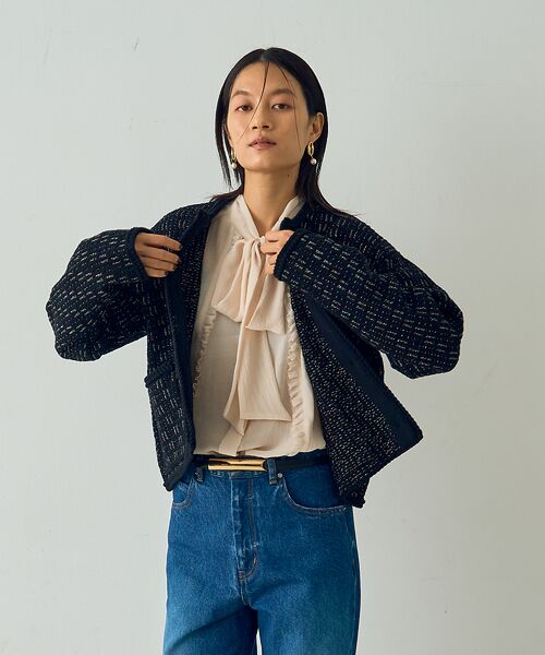 DESIGNWORKS / デザインワークス ノーカラージャケット | ラメツイードライクニットショートジャケット | 詳細13