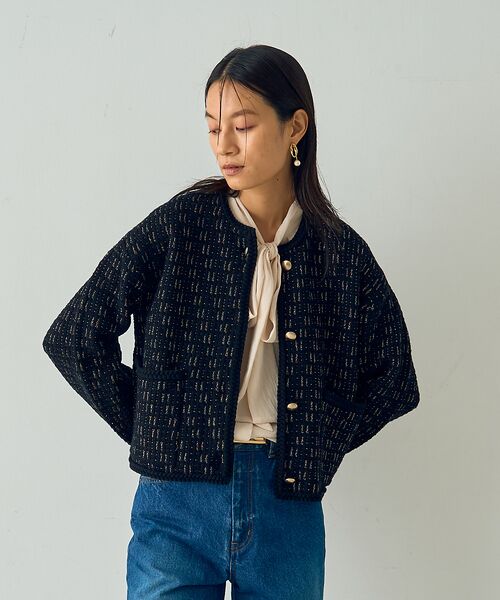 DESIGNWORKS / デザインワークス ノーカラージャケット | ラメツイードライクニットショートジャケット | 詳細15