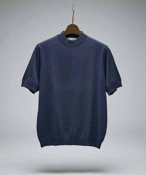 DESIGNWORKS / デザインワークス ニット・セーター | 【Tutto / トゥット】ハイゲージニット モックネック 半袖Tシャツ / H（ネイビー）