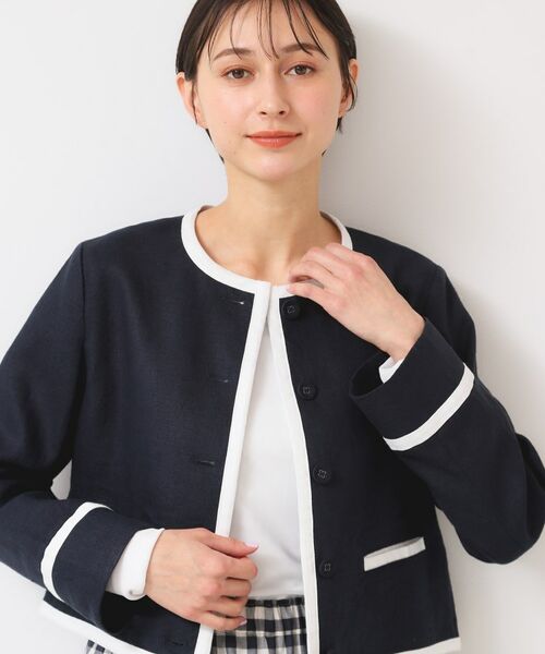 Dessin / デッサン ノーカラージャケット | 【セットアップ可能・洗える】配色クルーネック麻ジャケット | 詳細1