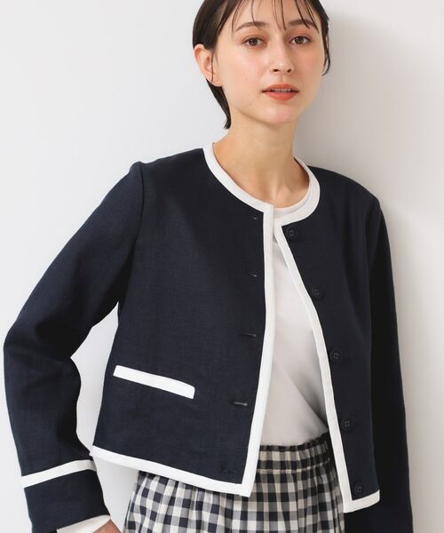 Dessin / デッサン ノーカラージャケット | 【セットアップ可能・洗える】配色クルーネック麻ジャケット | 詳細2