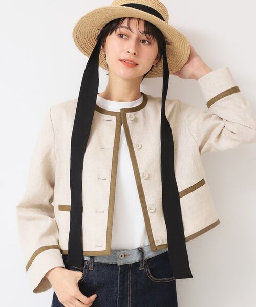 Dessin / デッサン ノーカラージャケット | 【セットアップ可能・洗える】配色クルーネック麻ジャケット | 詳細6