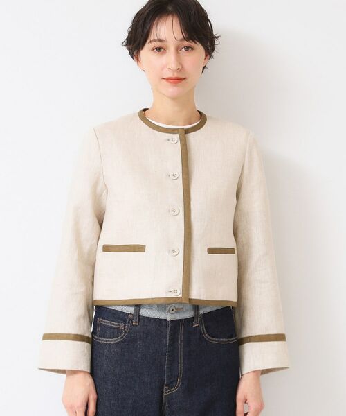Dessin / デッサン ノーカラージャケット | 【セットアップ可能・洗える】配色クルーネック麻ジャケット | 詳細9