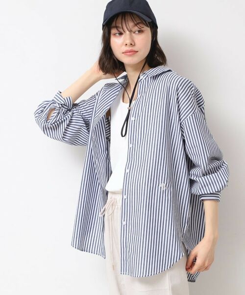 Dessin / デッサン シャツ・ブラウス | 【洗える】ロゴ刺繍入りストライプオーバーシャツ(ネイビー(395))