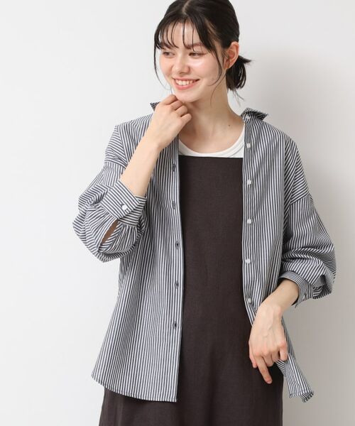 Dessin / デッサン シャツ・ブラウス | 【洗える】ロゴ刺繍入りストライプオーバーシャツ(ブラック(319))