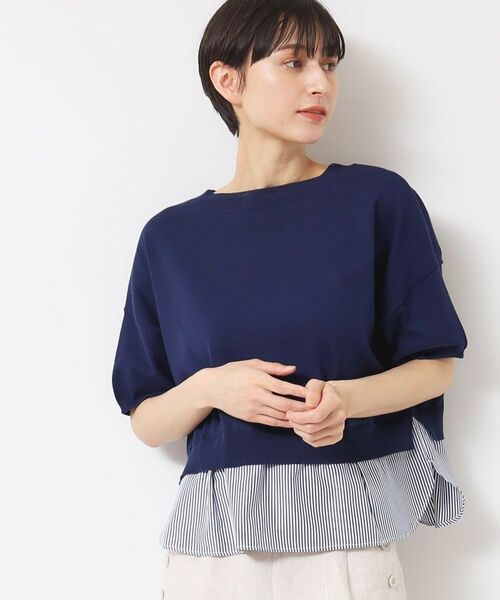 Dessin / デッサン ニット・セーター | 【洗える】シャツレイヤード風五分袖ニット(ブルー(593))