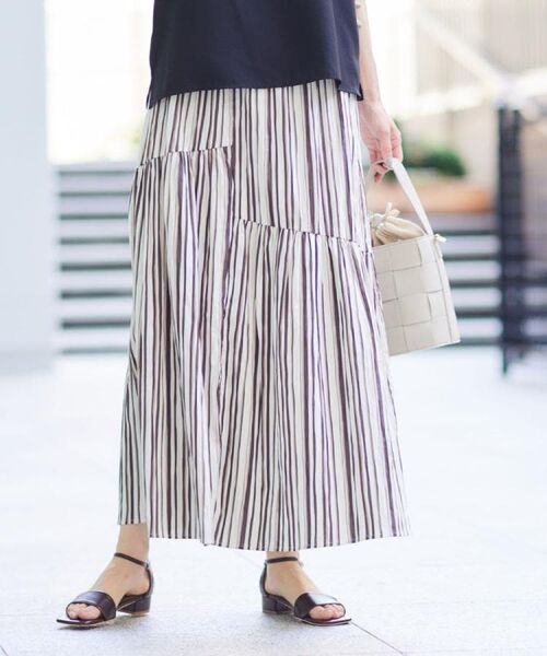 Dessin / デッサン ロング・マキシ丈スカート | ◆【ウエストゴム・洗える】ストライプ柄切り替えスカート(モカブラウン(342))