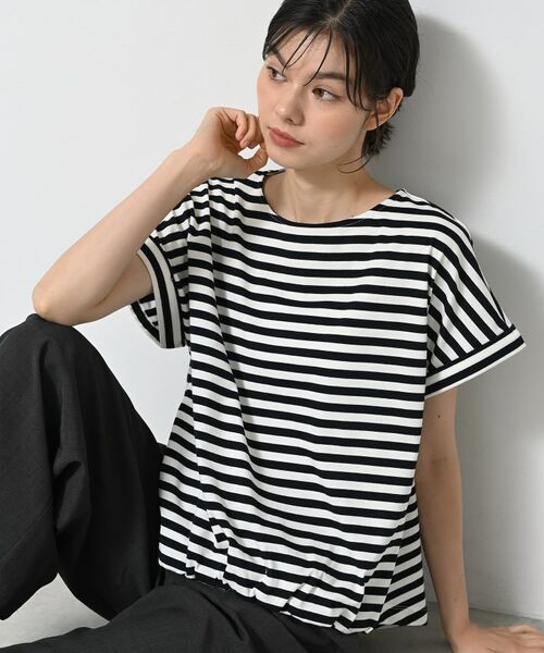 Dessin / デッサン カットソー | 【二の腕カバー/UVカット】ロールアップスリーブ裾ギャザーカットソー(ネイビー(394))