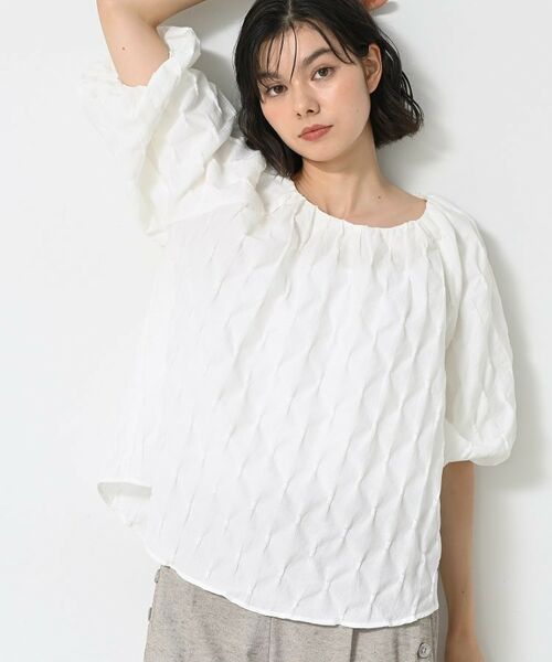 Dessin / デッサン シャツ・ブラウス | 【洗える/五分袖】バルーンスリーブジャガードブラウス(ホワイト(002))